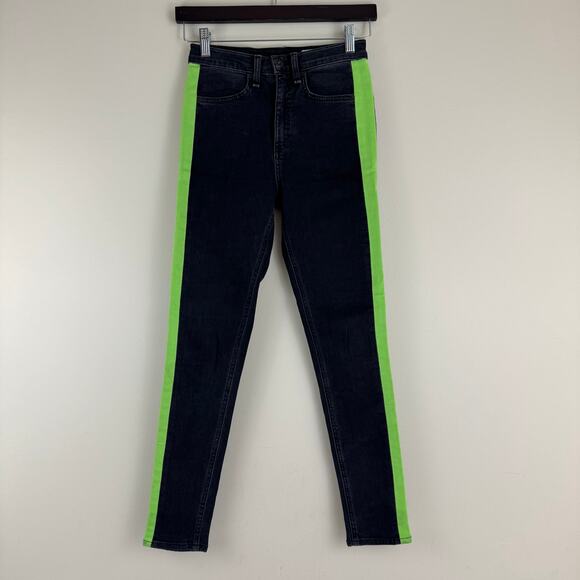 Rag & Bone Jeans Women's 25 Black Green Tuxedo Stripe Black Lime Pants READ - Picture 2 of 12